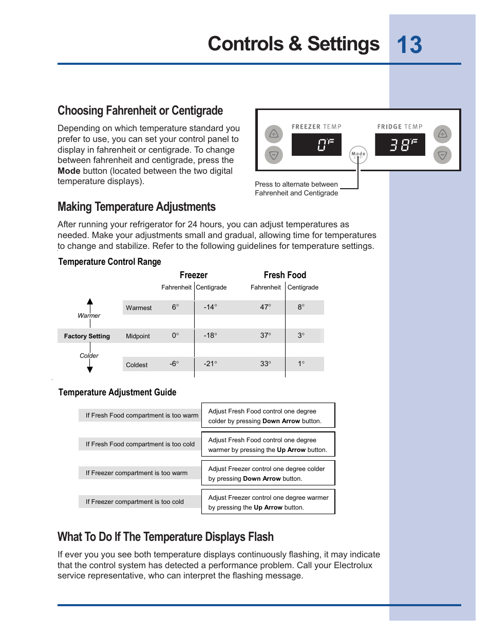 Controls & settings, Choosing fahrenheit or centigrade, Making temperature adjustments | What to do if the temperature displays flash, Temperature control range freezer fresh food, Temperature adjustment guide | Electrolux 241540105 (0612) User Manual | Page 13 / 42