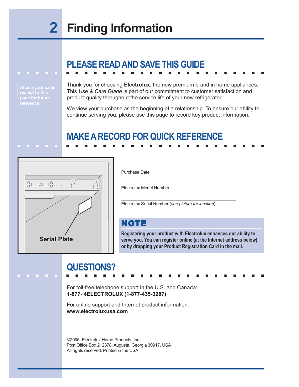 Finding information, Please read and save this guide, Make a record for quick reference | Questions | Electrolux 241540105 (0612) User Manual | Page 2 / 42