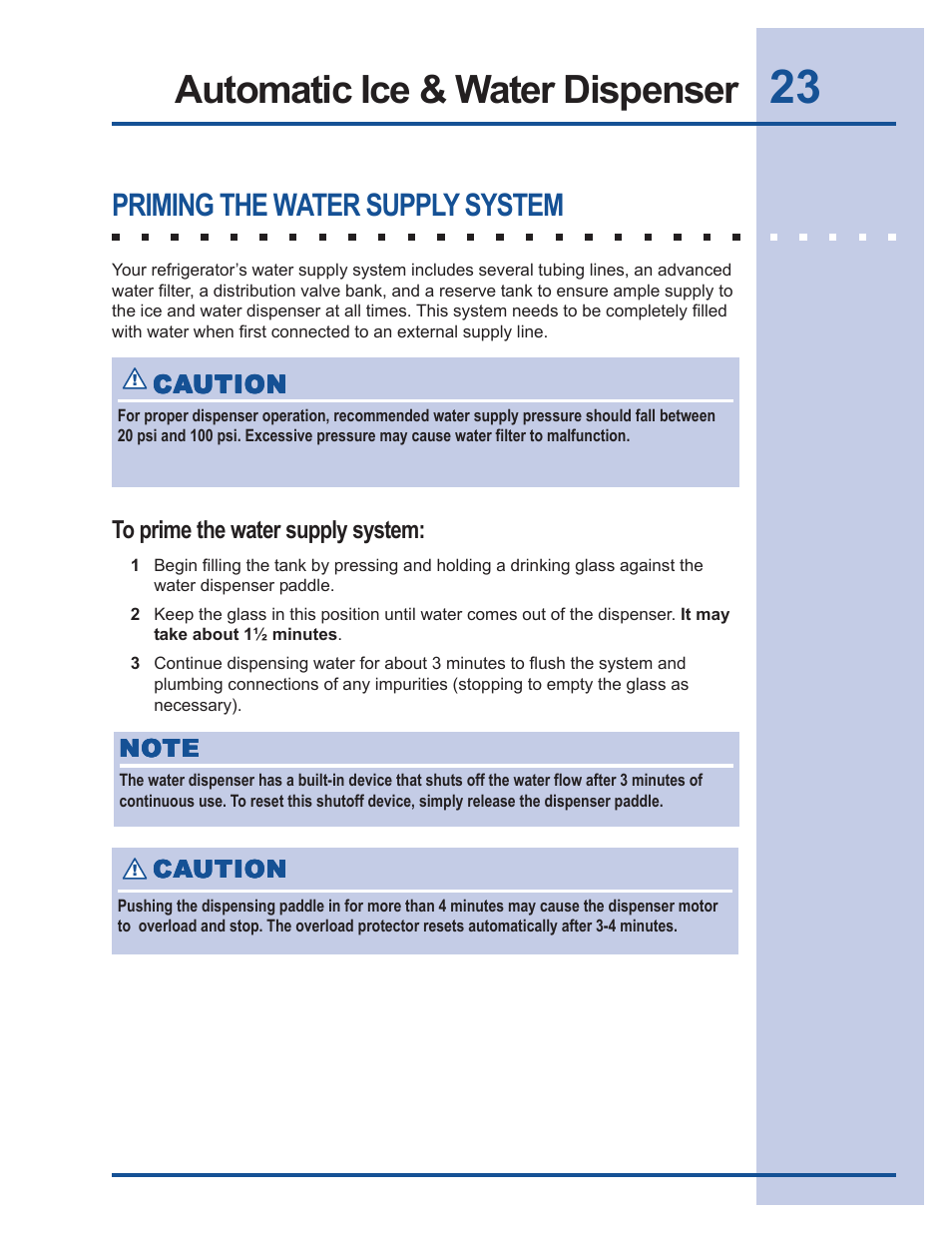 Automatic ice & water dispenser, Priming the water supply system | Electrolux 241540105 (0612) User Manual | Page 23 / 42