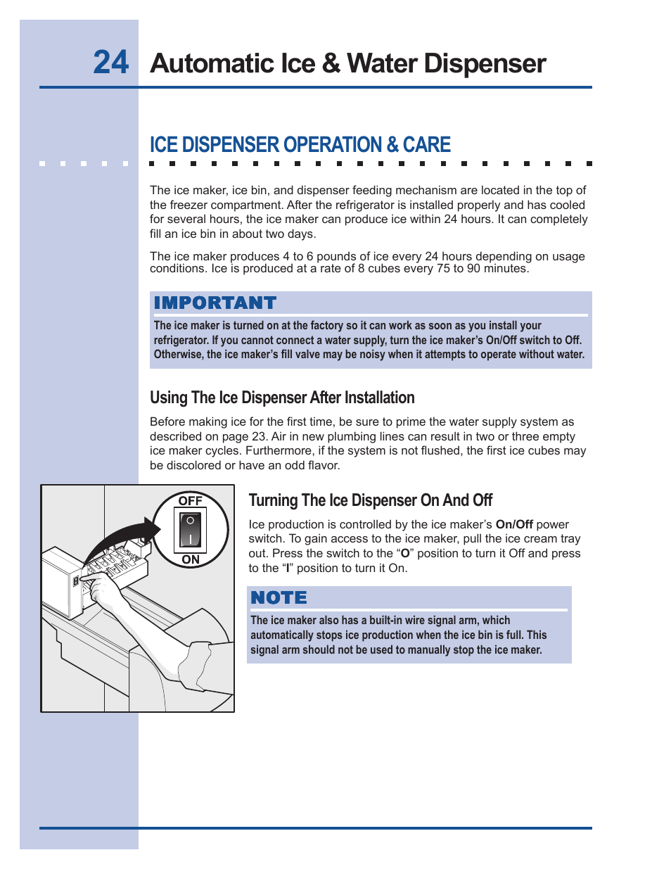 Automatic ice & water dispenser, Ice dispenser operation & care | Electrolux 241540105 (0612) User Manual | Page 24 / 42