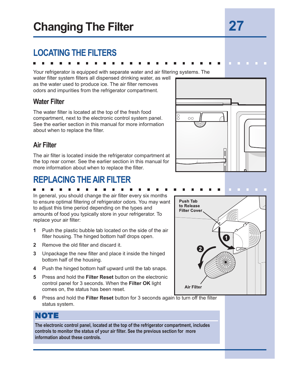 Changing the filter, Locating the filters, Replacing the air filter | Electrolux 241540105 (0612) User Manual | Page 27 / 42