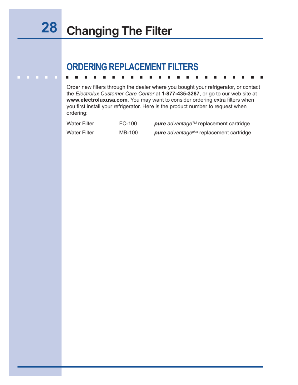 Changing the filter, Ordering replacement filters | Electrolux 241540105 (0612) User Manual | Page 28 / 42