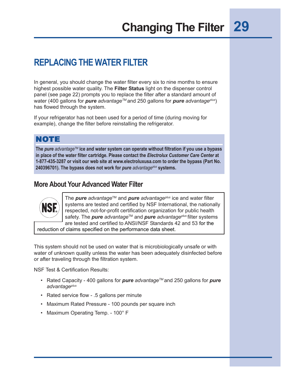 Changing the filter, Replacing the water filter, More about your advanced water filter | Electrolux 241540105 (0612) User Manual | Page 29 / 42