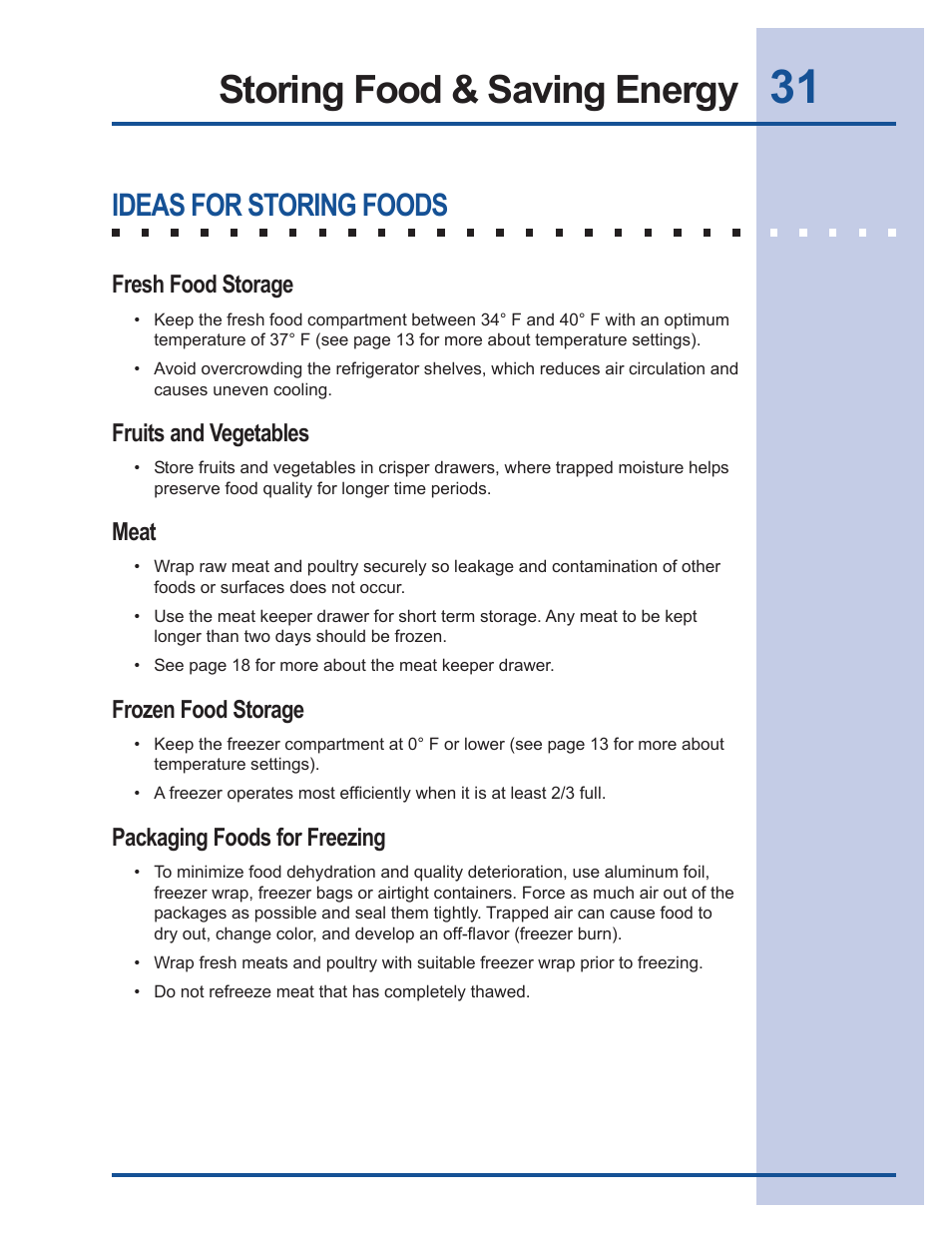 Storing food & saving energy, Ideas for storing foods | Electrolux 241540105 (0612) User Manual | Page 31 / 42
