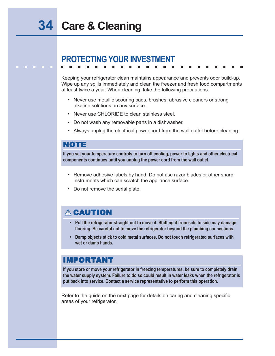 Care & cleaning, Protecting your investment | Electrolux 241540105 (0612) User Manual | Page 34 / 42