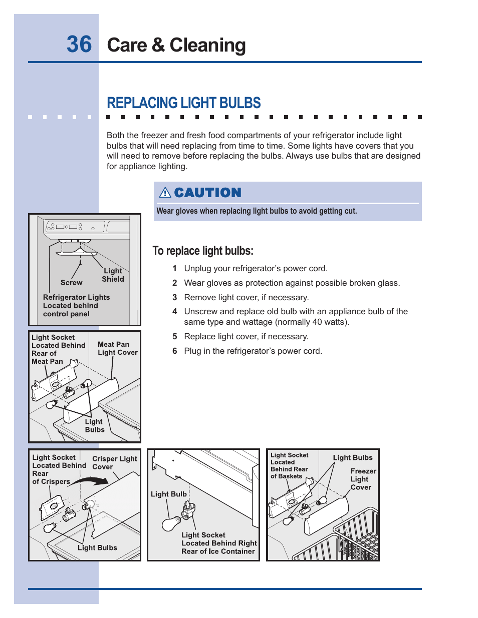 Care & cleaning, Replacing light bulbs | Electrolux 241540105 (0612) User Manual | Page 36 / 42