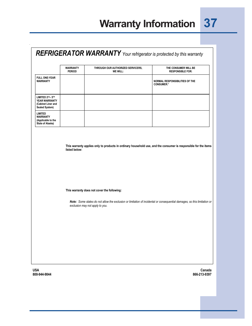 Warranty information, Refrigerator warranty, Your refrigerator is protected by this warranty | Electrolux 241540105 (0612) User Manual | Page 37 / 42