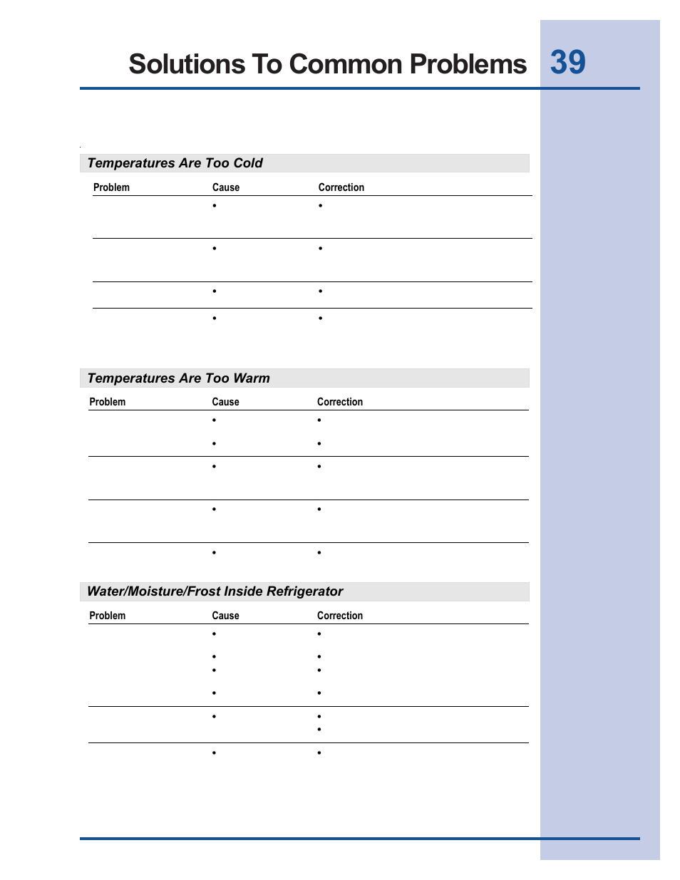 Solutions to common problems, Temperatures are too cold, Temperatures are too warm | Water/moisture/frost inside refrigerator, Problem cause correction | Electrolux 241540105 (0612) User Manual | Page 39 / 42