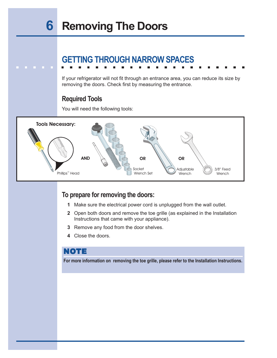 Removing the doors, Getting through narrow spaces, Required tools | Electrolux 241540105 (0612) User Manual | Page 6 / 42