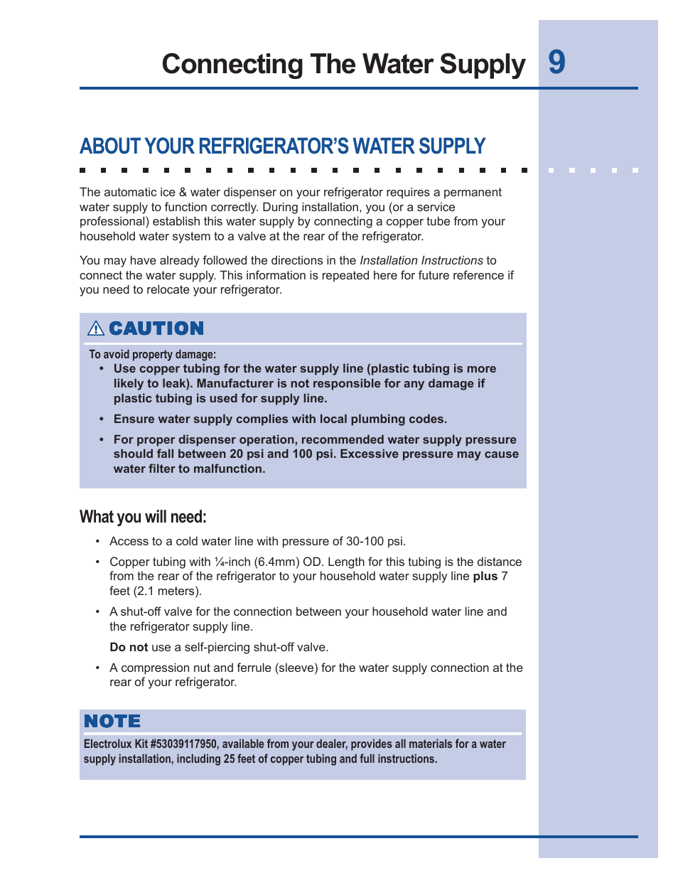 Connecting the water supply, About your refrigerator’s water supply | Electrolux 241540105 (0612) User Manual | Page 9 / 42