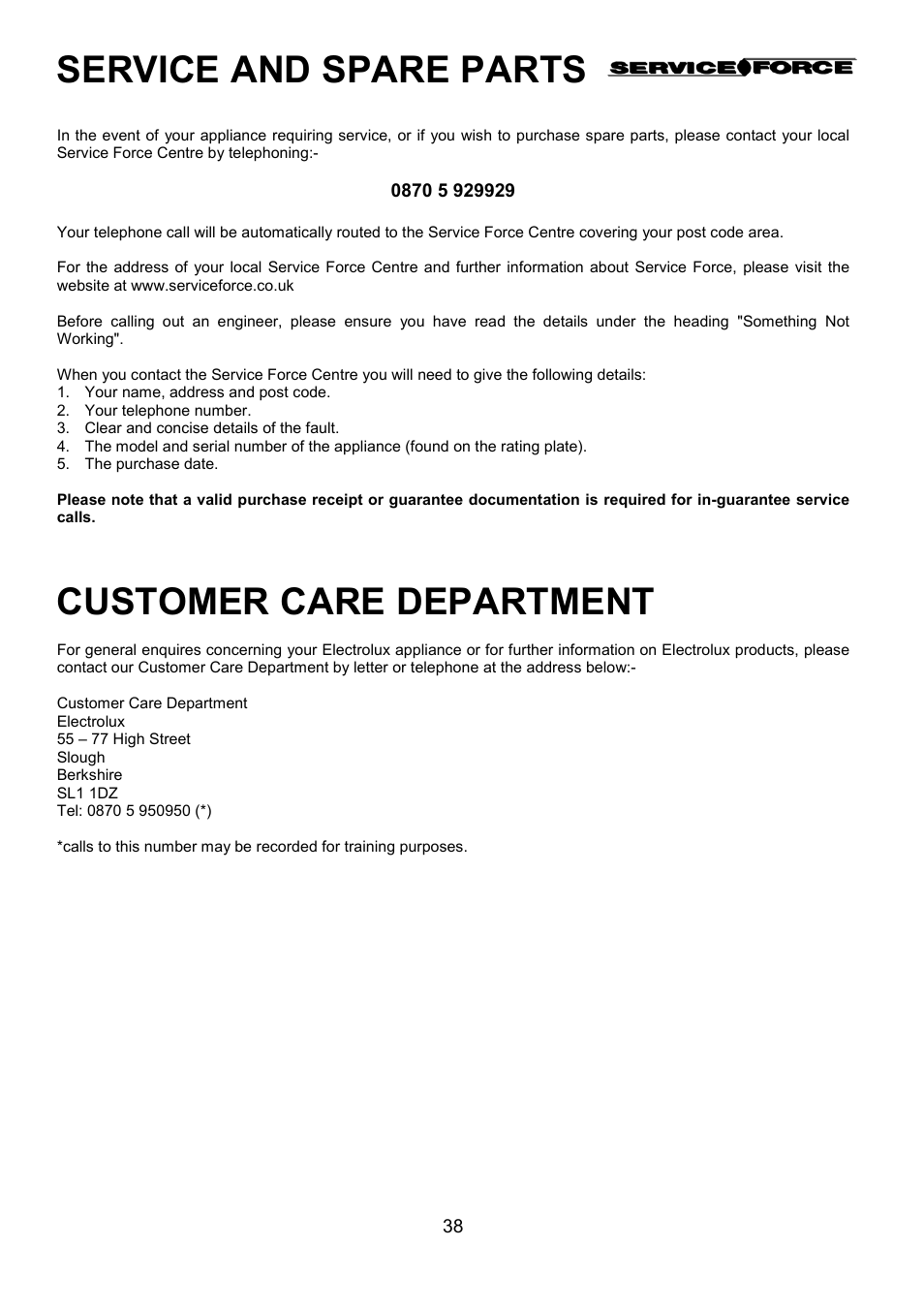 Service and spare parts, Customer care department | Electrolux EOD 984 User Manual | Page 38 / 40