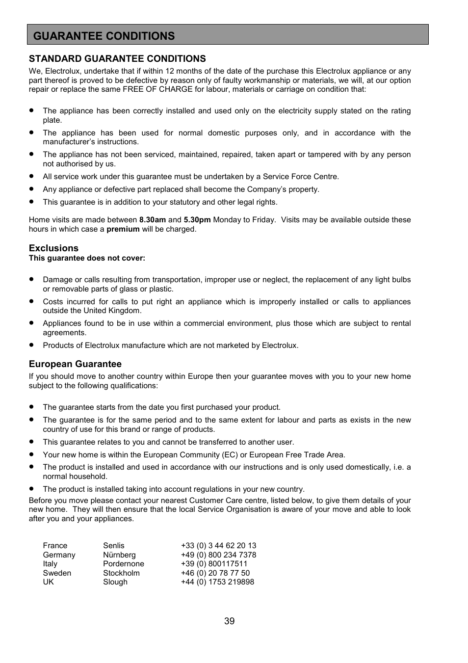 Guarantee conditions | Electrolux EOD 984 User Manual | Page 39 / 40