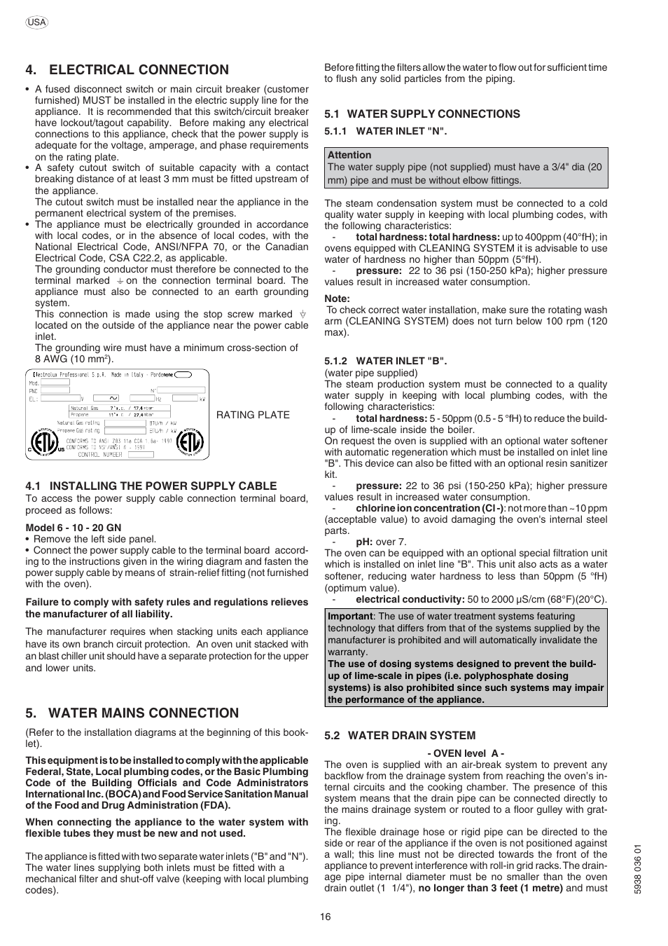 Electrical connection, Water mains connection | Electrolux 269552 User Manual | Page 16 / 32