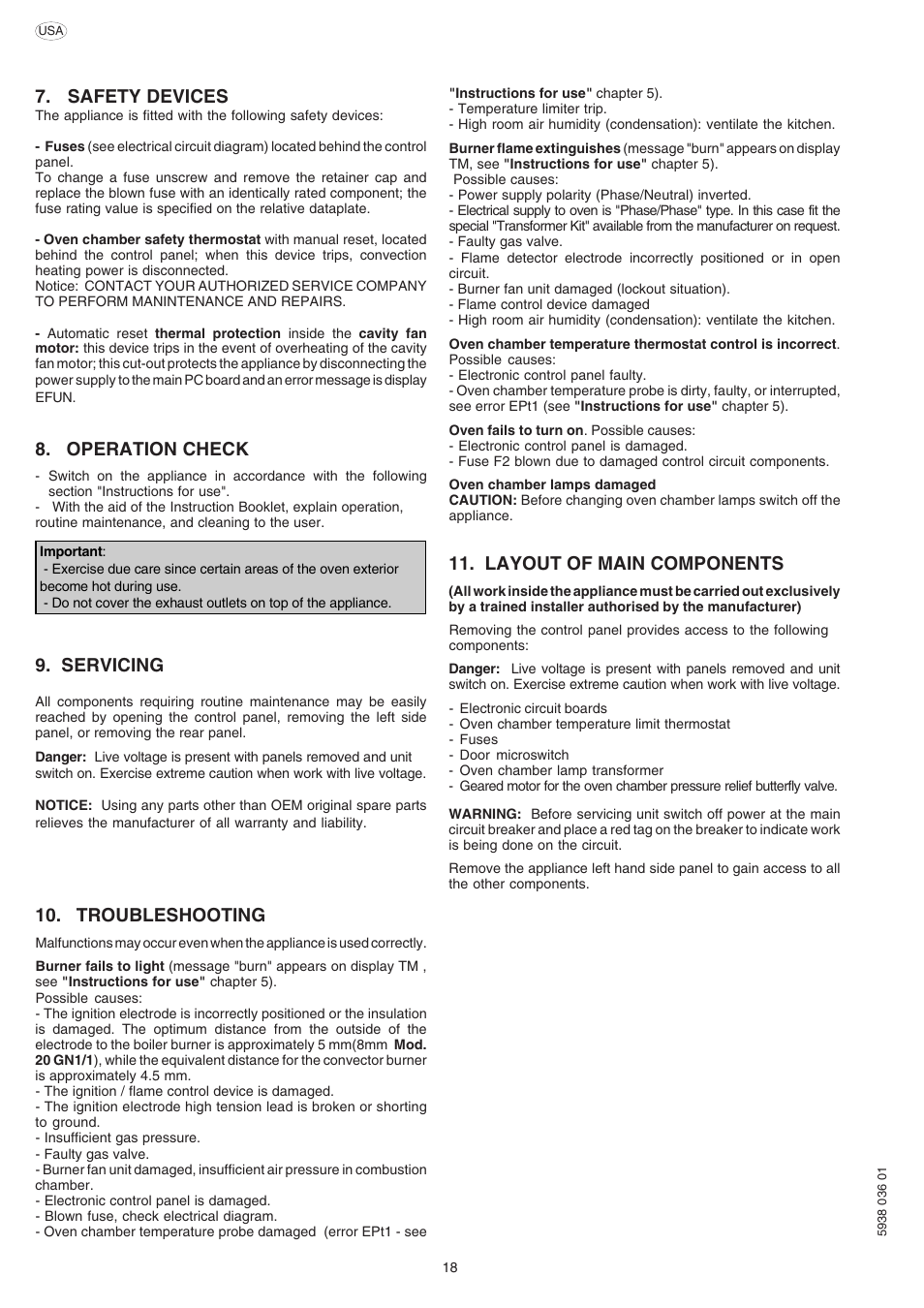 Safety devices, Operation check, Servicing | Troubleshooting, Layout of main components | Electrolux 269552 User Manual | Page 18 / 32