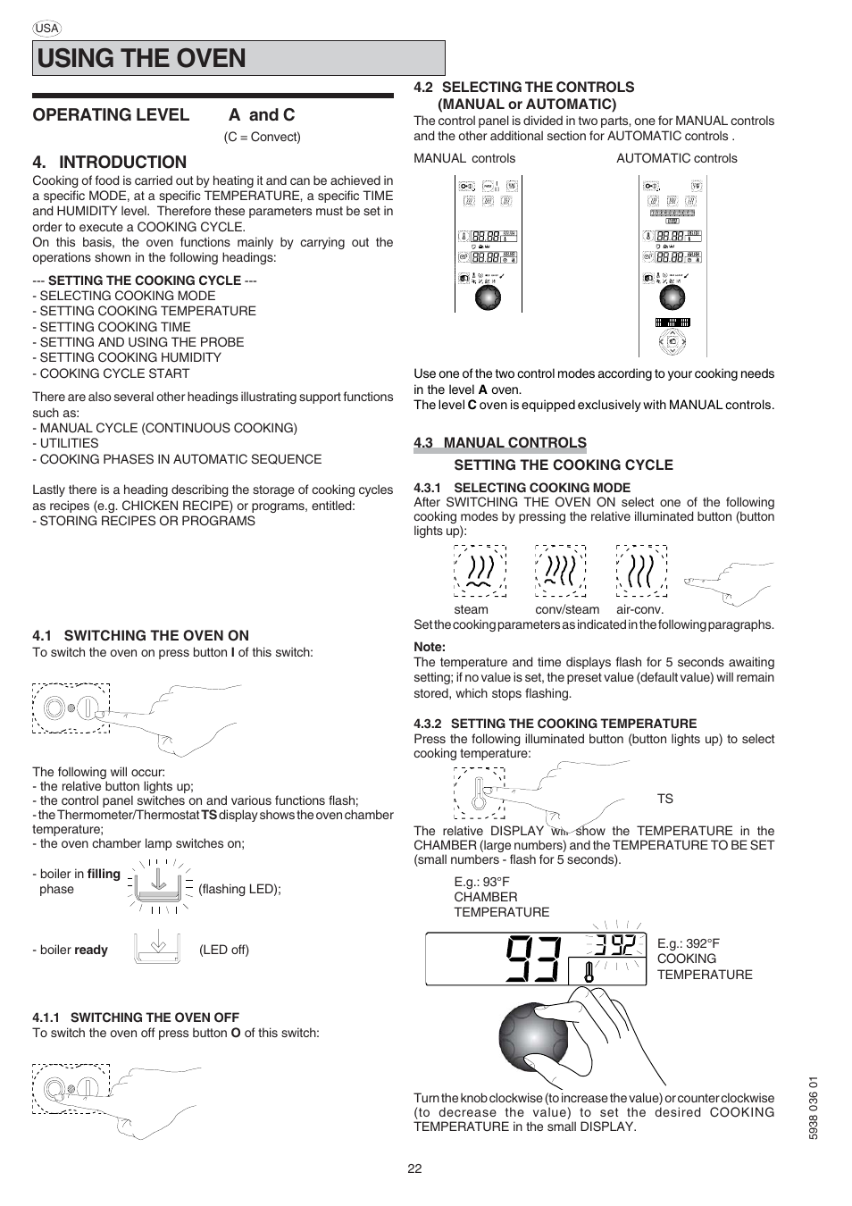 Using the oven, Operating level a and c, Introduction | Electrolux 269552 User Manual | Page 22 / 32