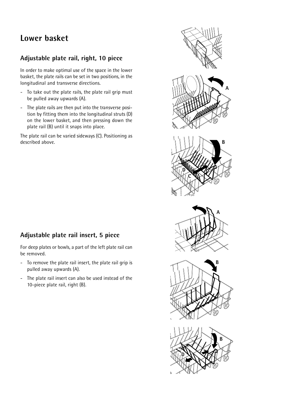 Lower basket, Adjustable plate rail, right, 10 piece, Adjustable plate rail insert, 5 piece | Electrolux 55750 User Manual | Page 10 / 29