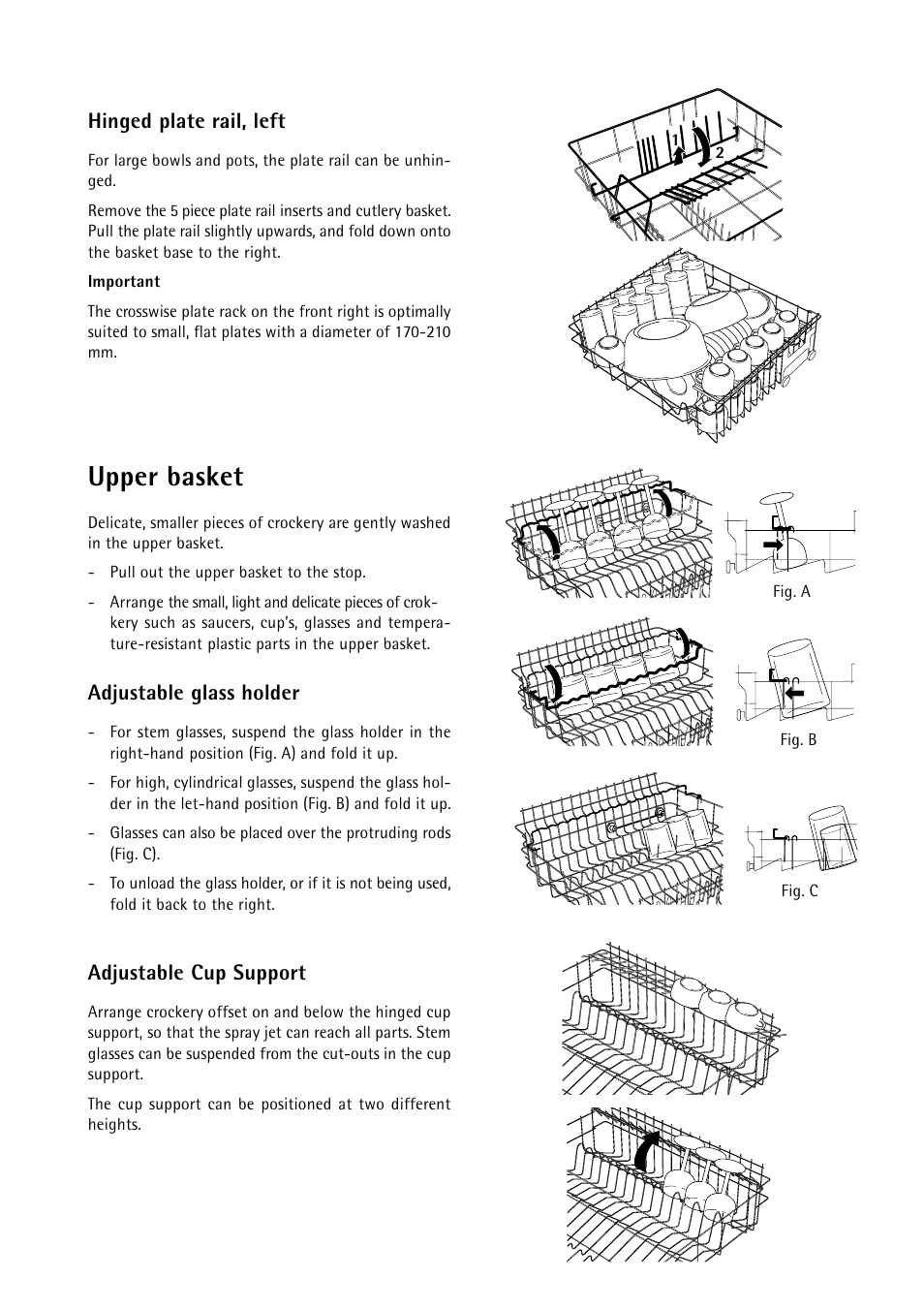 Upper basket, Hinged plate rail, left, Adjustable glass holder | Adjustable cup support | Electrolux 55750 User Manual | Page 11 / 29