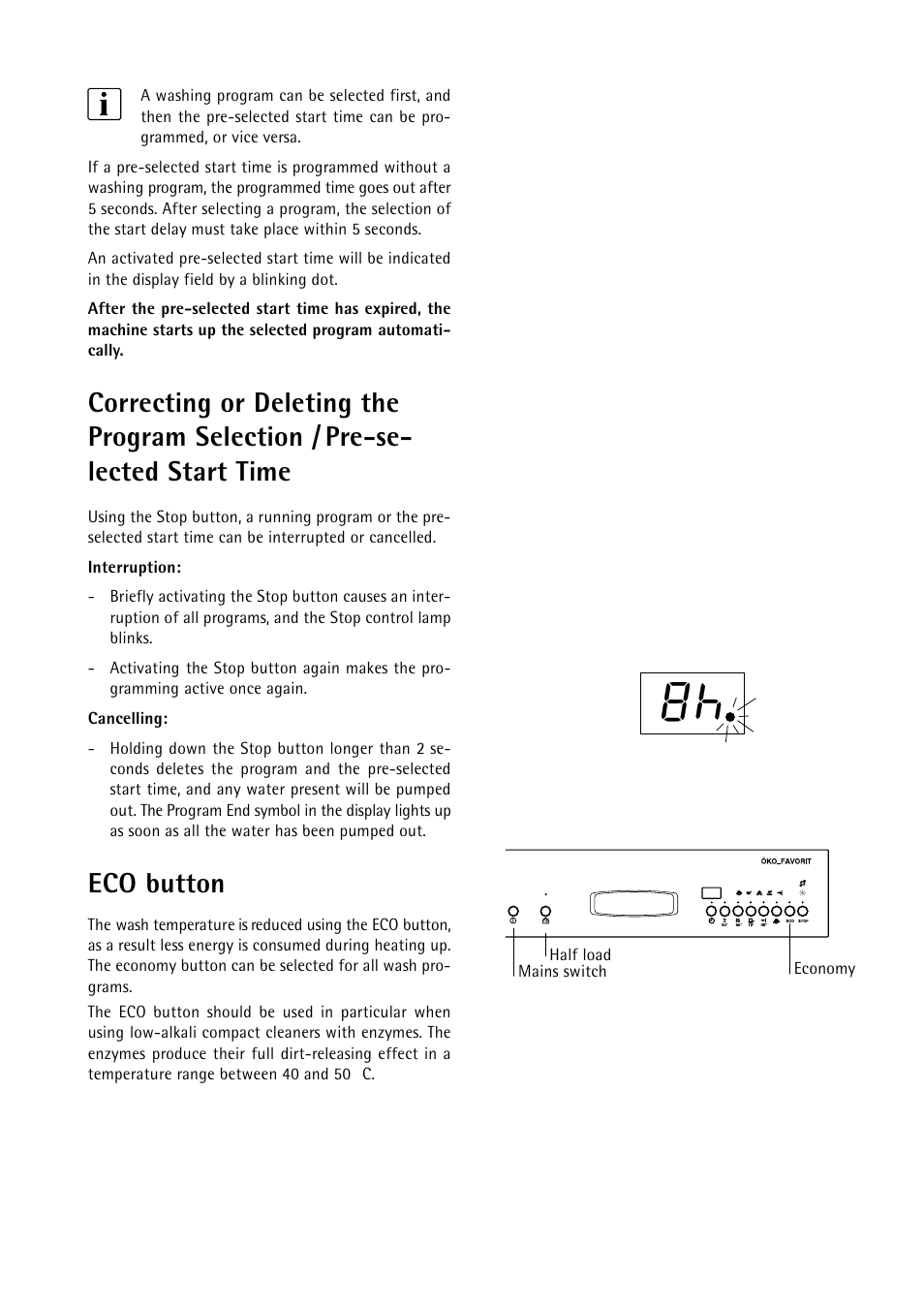 Correcting or deleting the program selection, Pre-seć lected start time, Eco button | Electrolux 55750 User Manual | Page 15 / 29