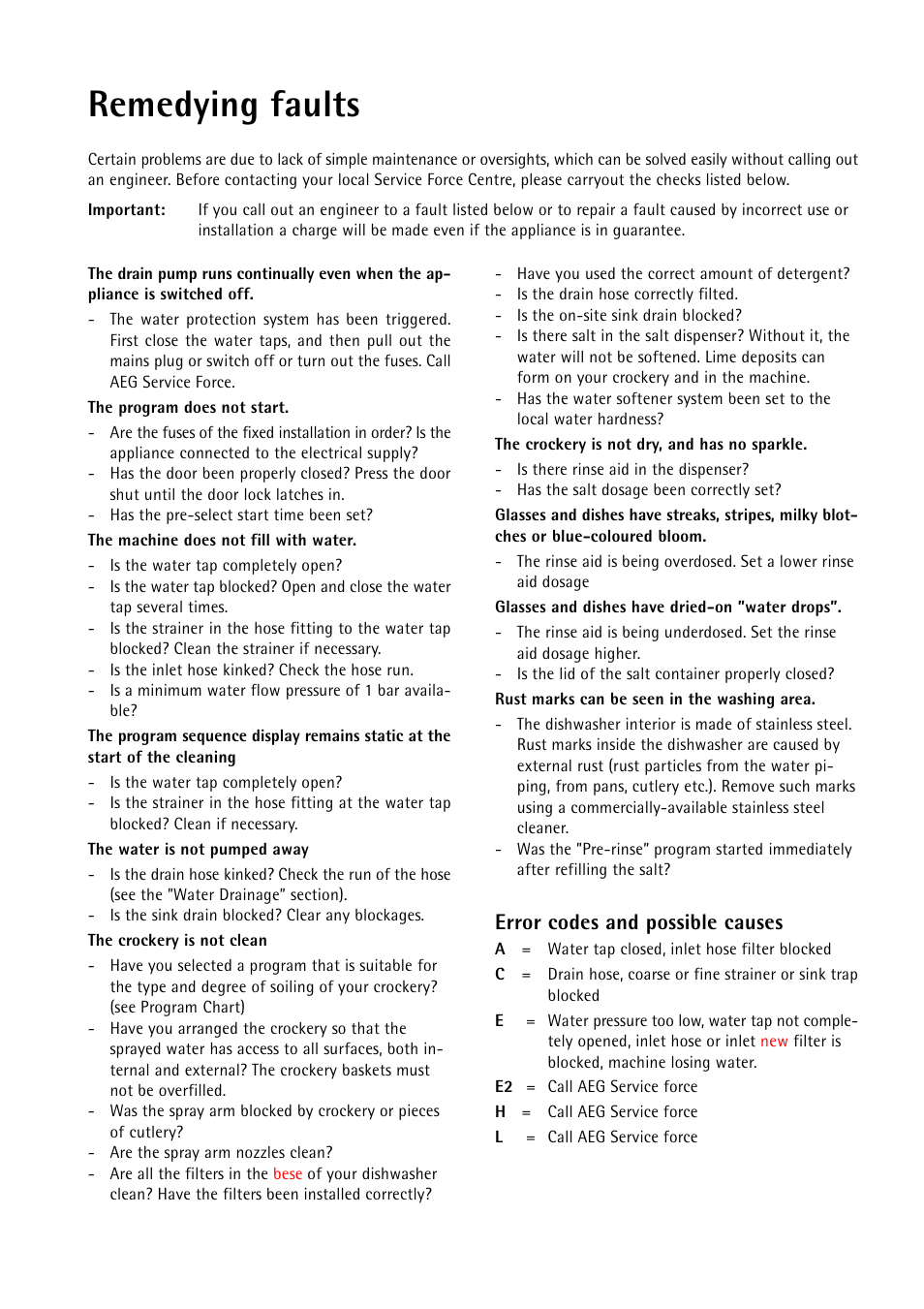 Remedying faults, Error codes and possible causes | Electrolux 55750 User Manual | Page 21 / 29