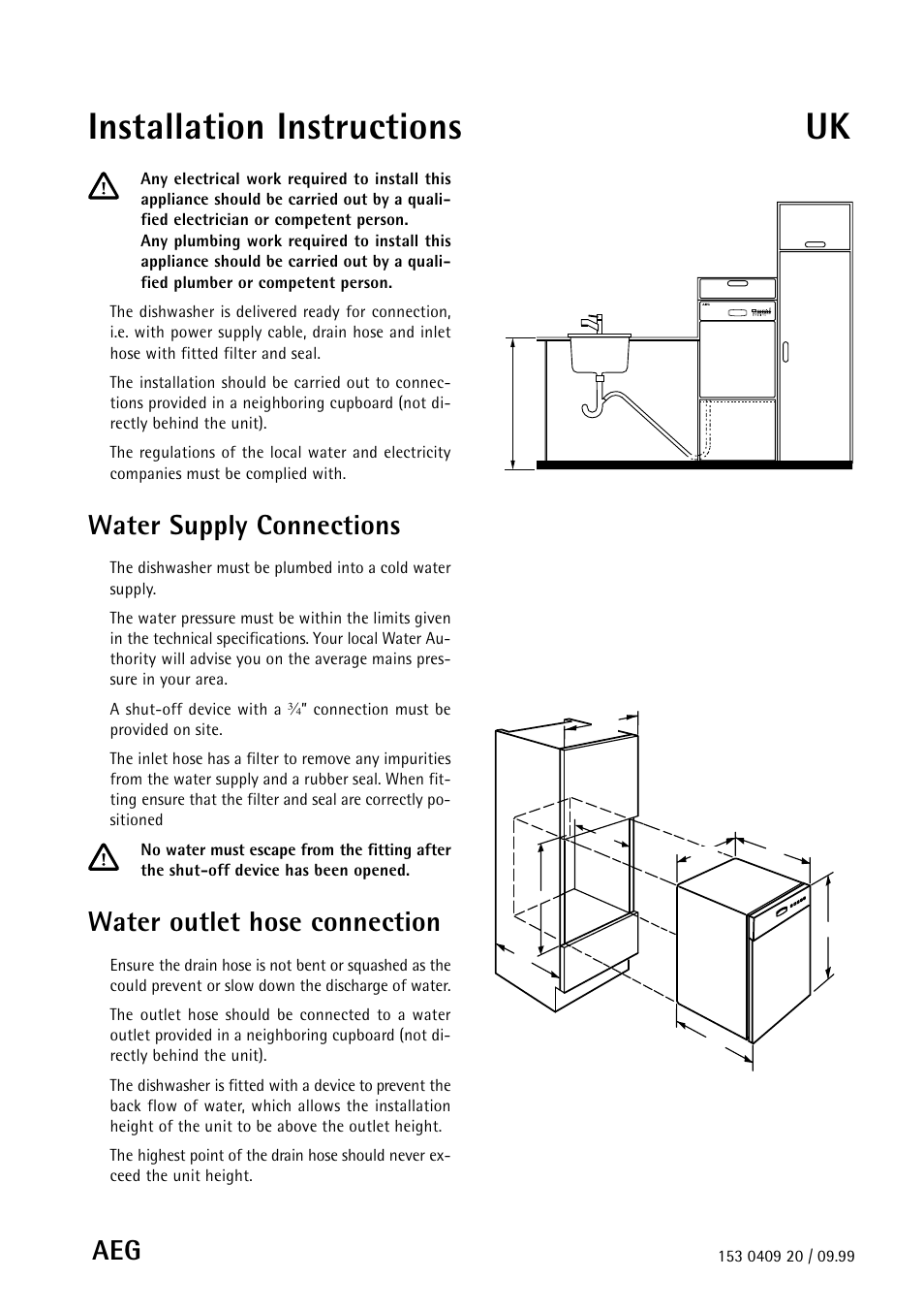 Installation instructions uk, Water supply connections, Water outlet hose connection | Electrolux 55750 User Manual | Page 25 / 29