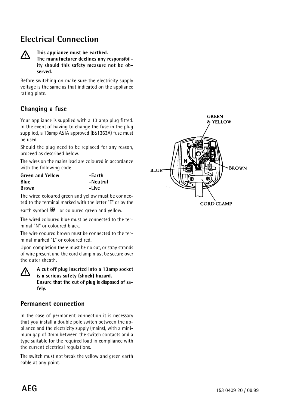 Electrical connection, Changing a fuse, Permanent connection | Electrolux 55750 User Manual | Page 26 / 29