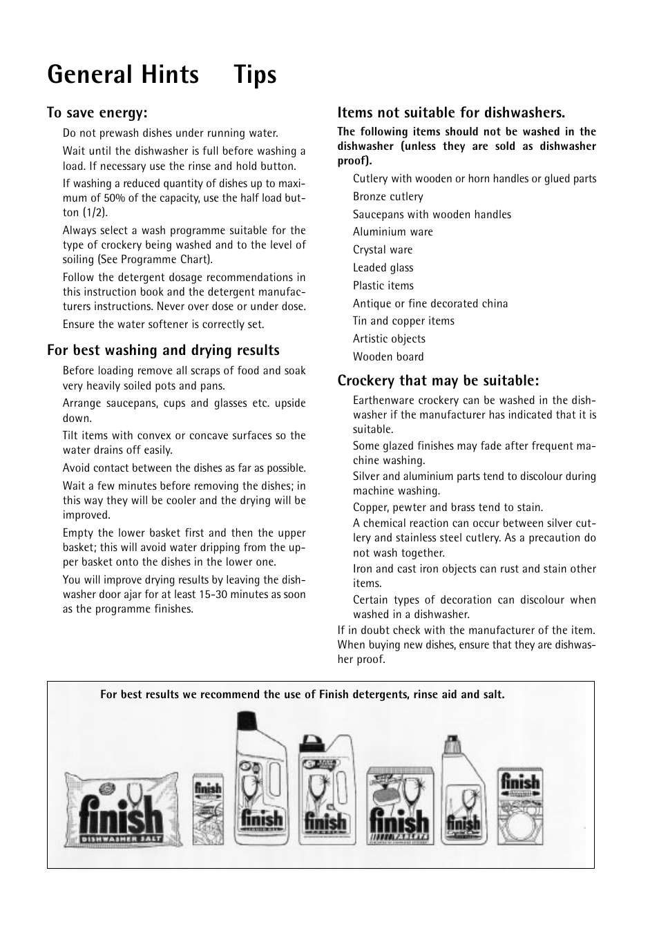 General hints & tips, For best washing and drying results, Items not suitable for dishwashers | Crockery that may be suitable | Electrolux 55750 User Manual | Page 6 / 29