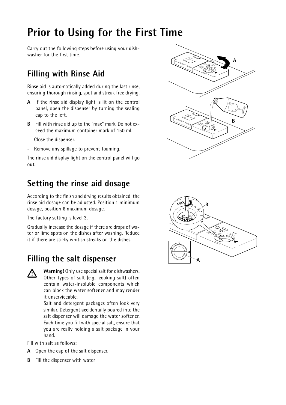 Prior to using for the first time, Filling with rinse aid, Setting the rinse aid dosage | Filling the salt dispenser | Electrolux 55750 User Manual | Page 7 / 29