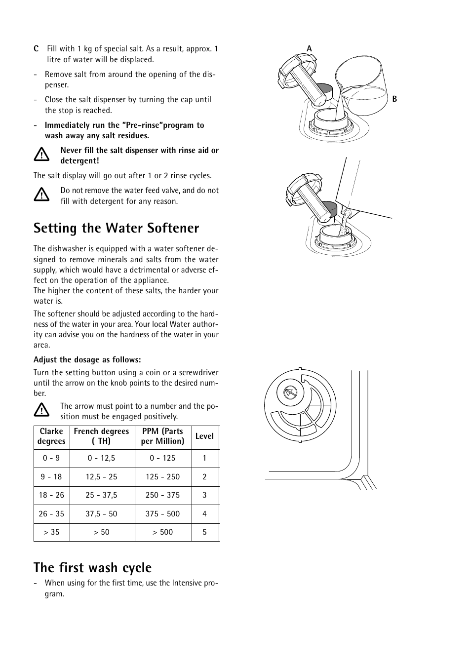 Setting the water softener, The first wash cycle | Electrolux 55750 User Manual | Page 8 / 29
