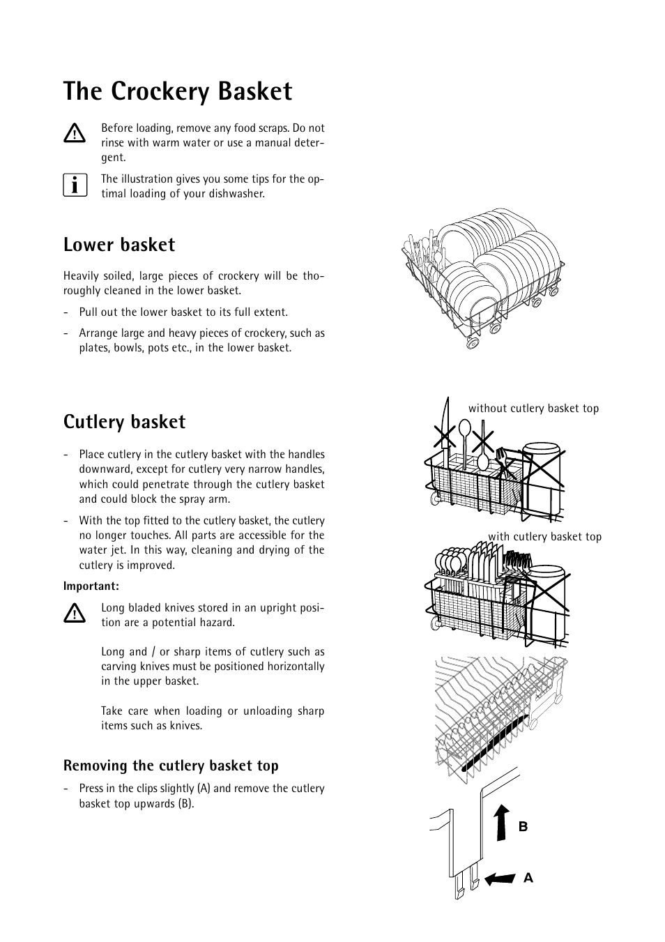 The crockery basket, Lower basket, Cutlery basket | Removing the cutlery basket top | Electrolux 55750 User Manual | Page 9 / 29