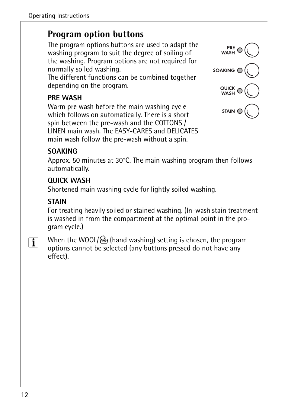 Program option buttons | Electrolux 74335 User Manual | Page 12 / 52