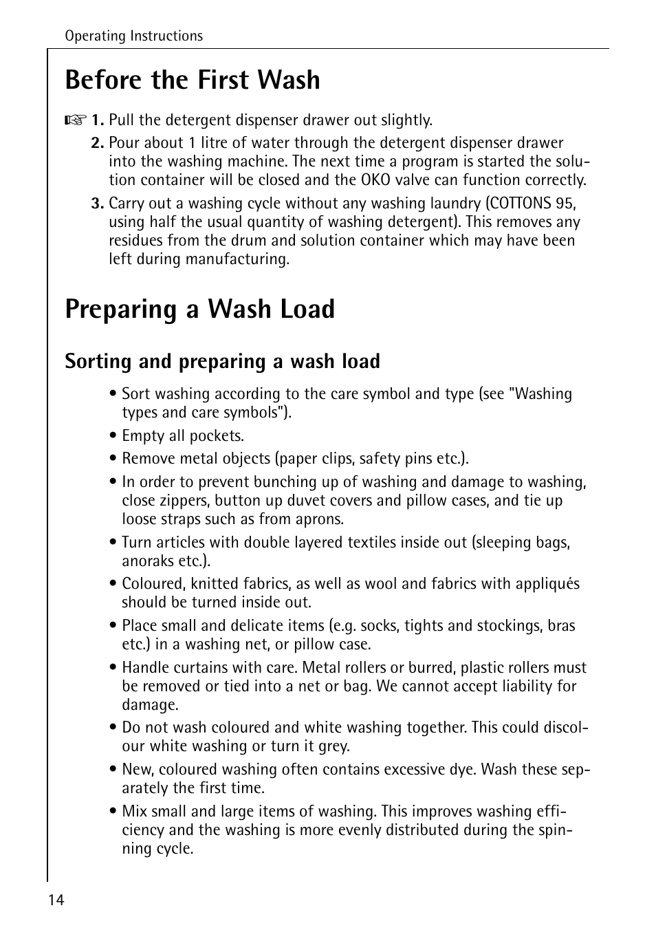 Before the first wash, Preparing a wash load, Sorting and preparing a wash load | Electrolux 74335 User Manual | Page 14 / 52