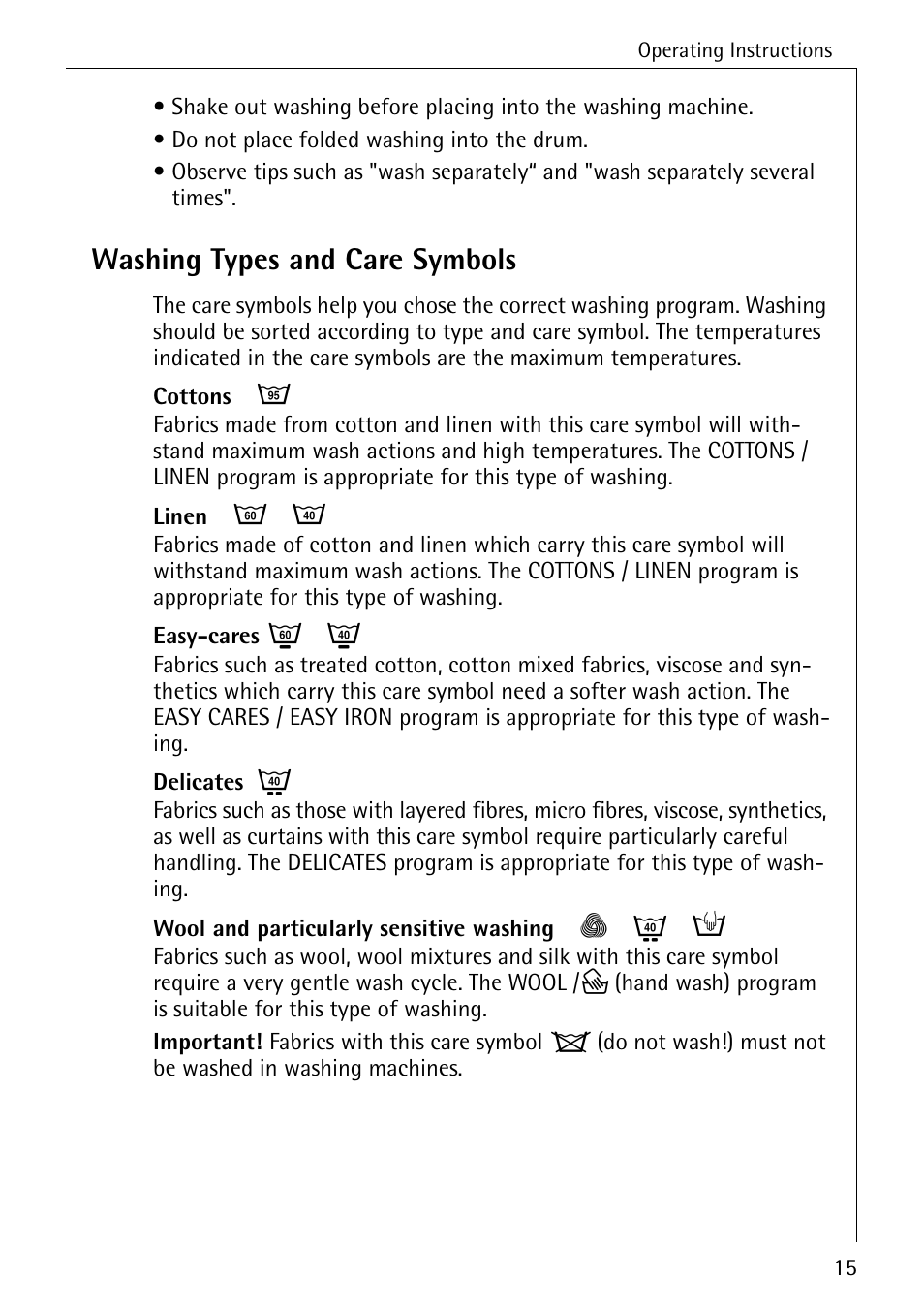 Washing types and care symbols | Electrolux 74335 User Manual | Page 15 / 52