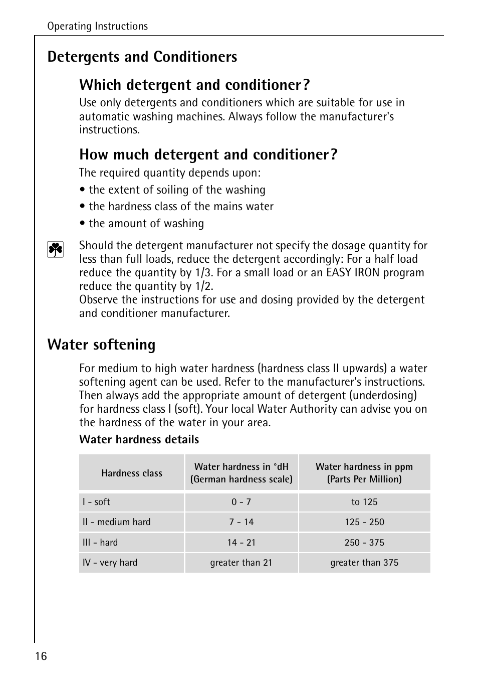 How much detergent and conditioner, Water softening | Electrolux 74335 User Manual | Page 16 / 52