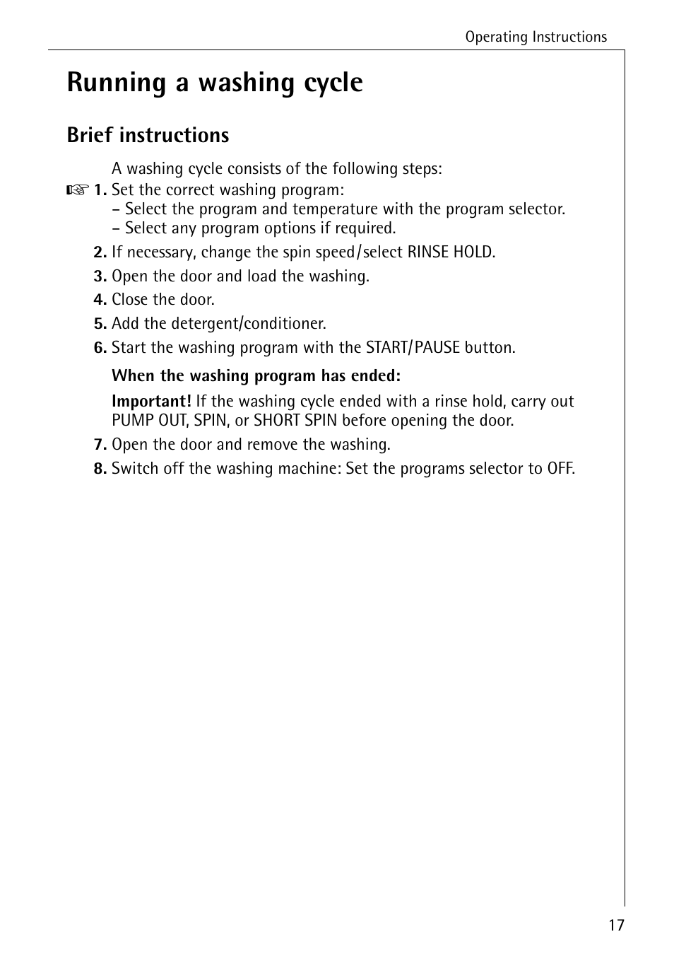 Running a washing cycle, Brief instructions | Electrolux 74335 User Manual | Page 17 / 52
