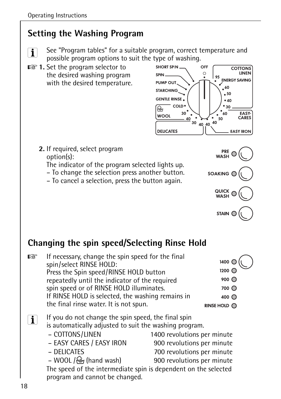 Setting the washing program, Changing the spin speed/selecting rinse hold | Electrolux 74335 User Manual | Page 18 / 52