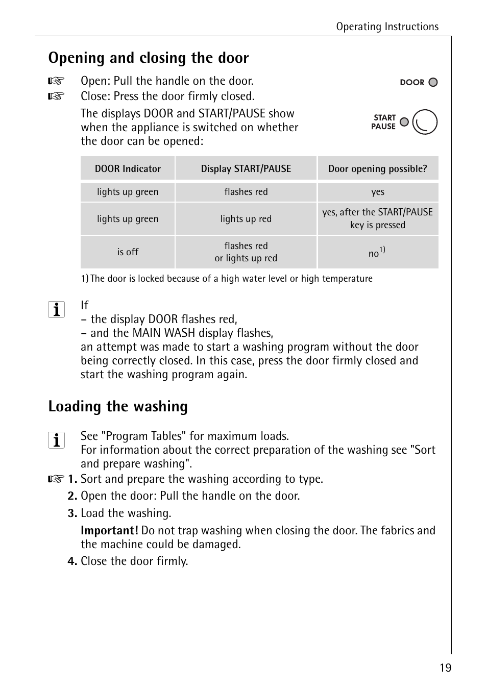 Opening and closing the door, Loading the washing | Electrolux 74335 User Manual | Page 19 / 52