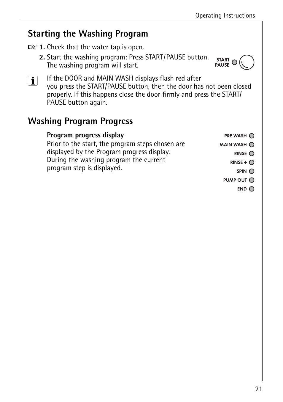Starting the washing program, Washing program progress | Electrolux 74335 User Manual | Page 21 / 52