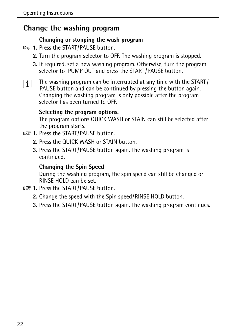 Change the washing program | Electrolux 74335 User Manual | Page 22 / 52