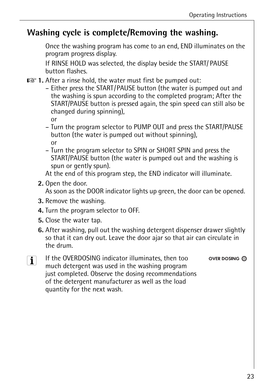 Washing cycle is complete/removing the washing | Electrolux 74335 User Manual | Page 23 / 52