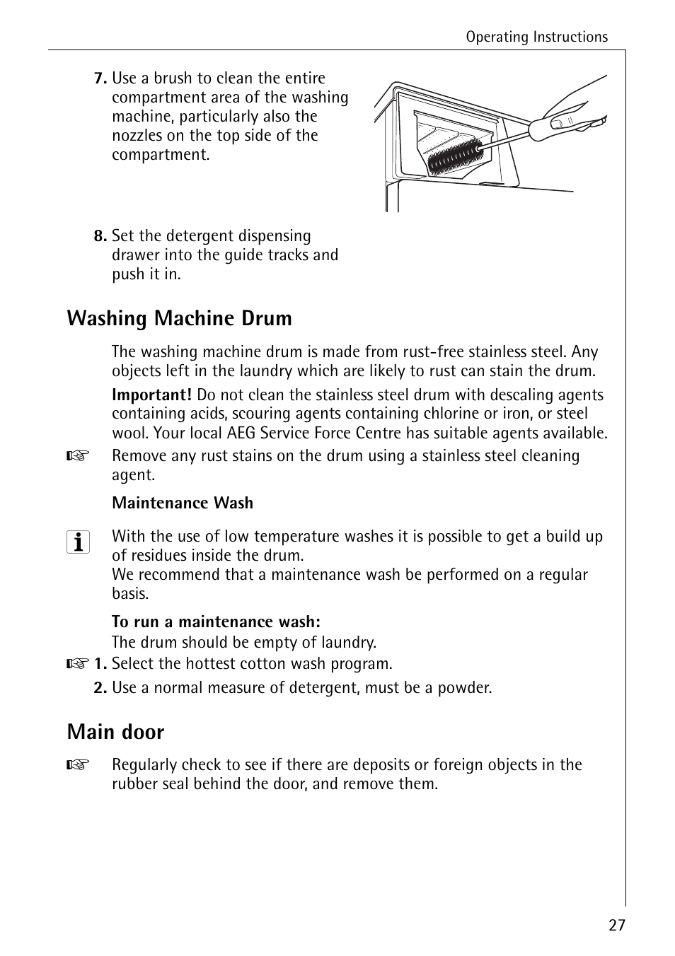 Washing machine drum, Main door | Electrolux 74335 User Manual | Page 27 / 52