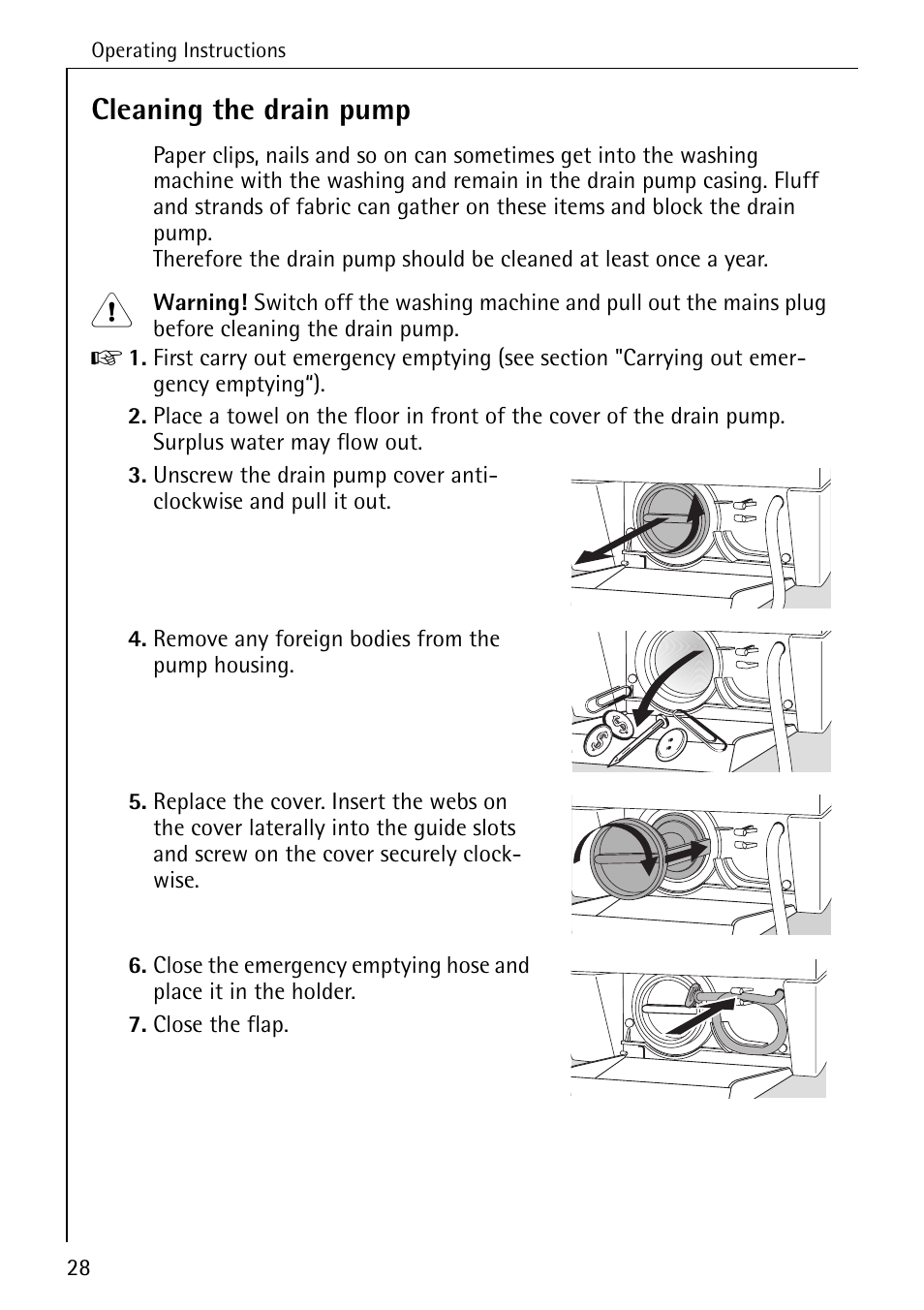 Cleaning the drain pump | Electrolux 74335 User Manual | Page 28 / 52