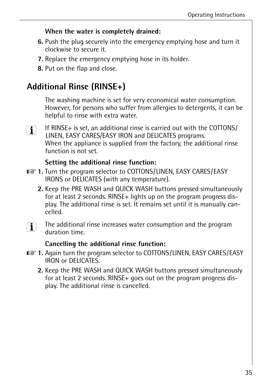 Additional rinse (rinse+) | Electrolux 74335 User Manual | Page 35 / 52