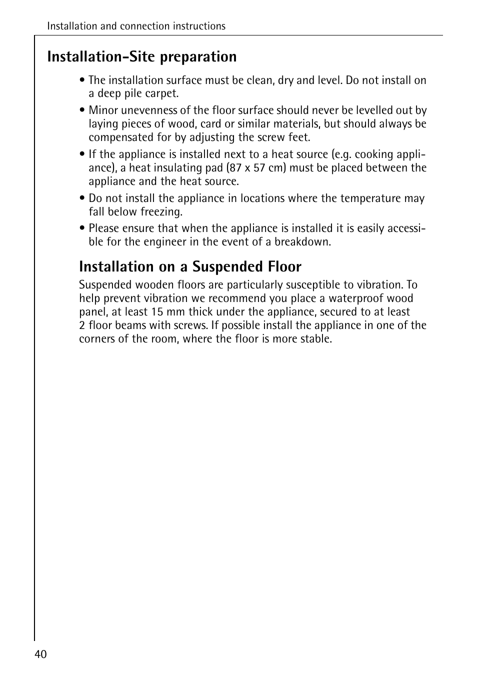 Installation-site preparation, Installation on a suspended floor | Electrolux 74335 User Manual | Page 40 / 52