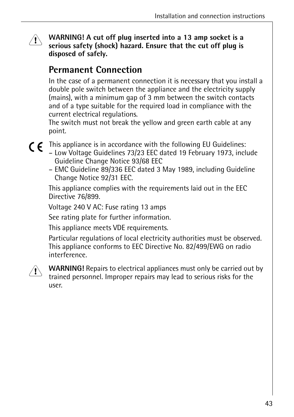 Permanent connection | Electrolux 74335 User Manual | Page 43 / 52