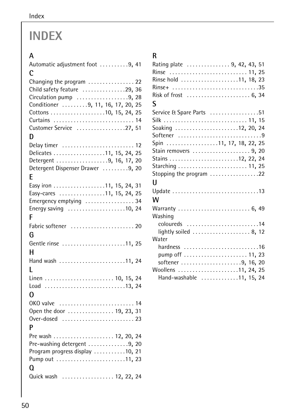Index | Electrolux 74335 User Manual | Page 50 / 52