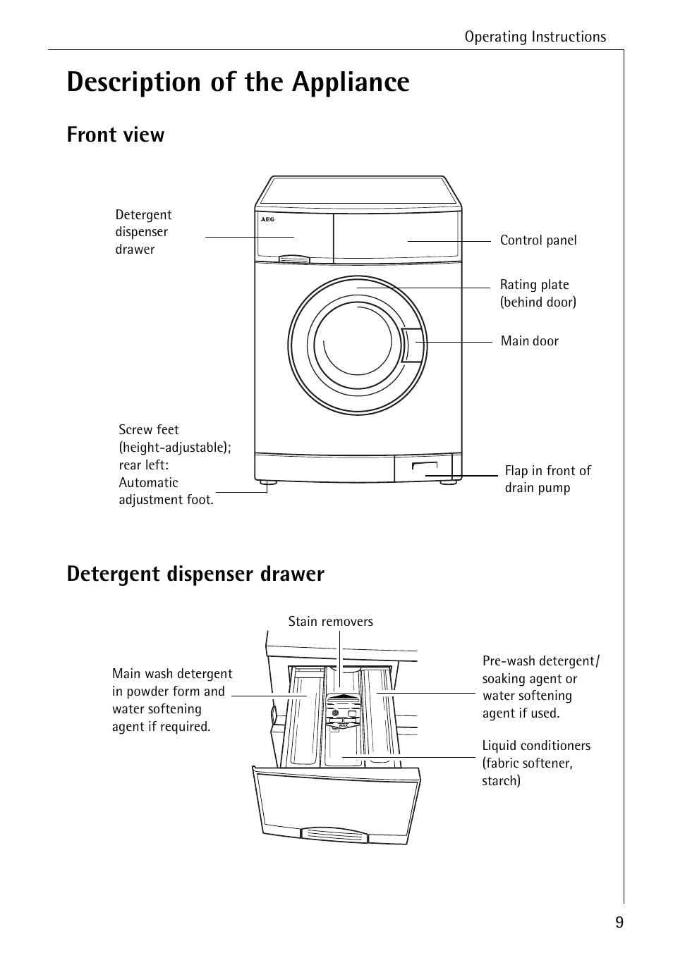 Description of the appliance, Front view detergent dispenser drawer | Electrolux 74335 User Manual | Page 9 / 52