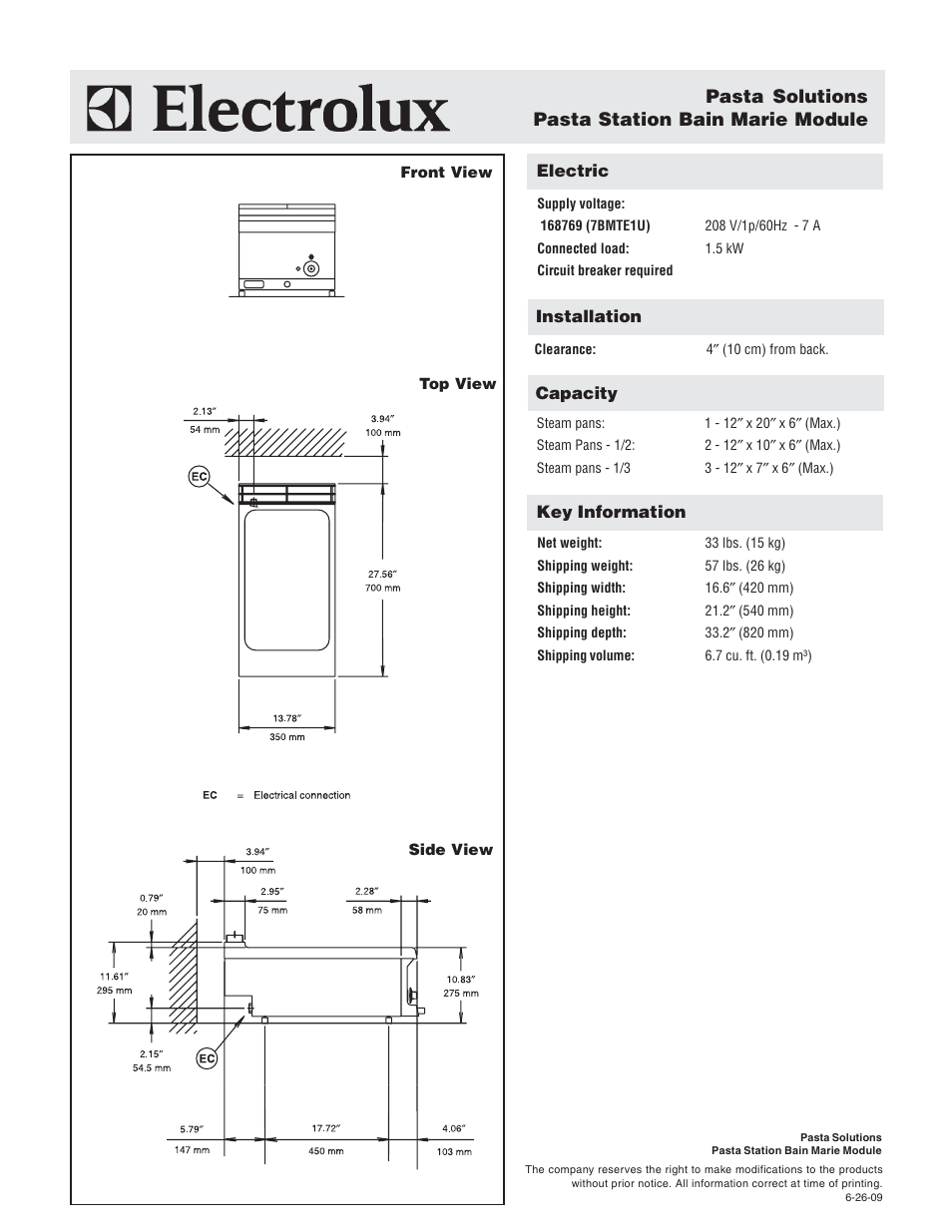 Pasta solutions pasta station bain marie module | Electrolux 168769 (7BMTE1U) User Manual | Page 2 / 2