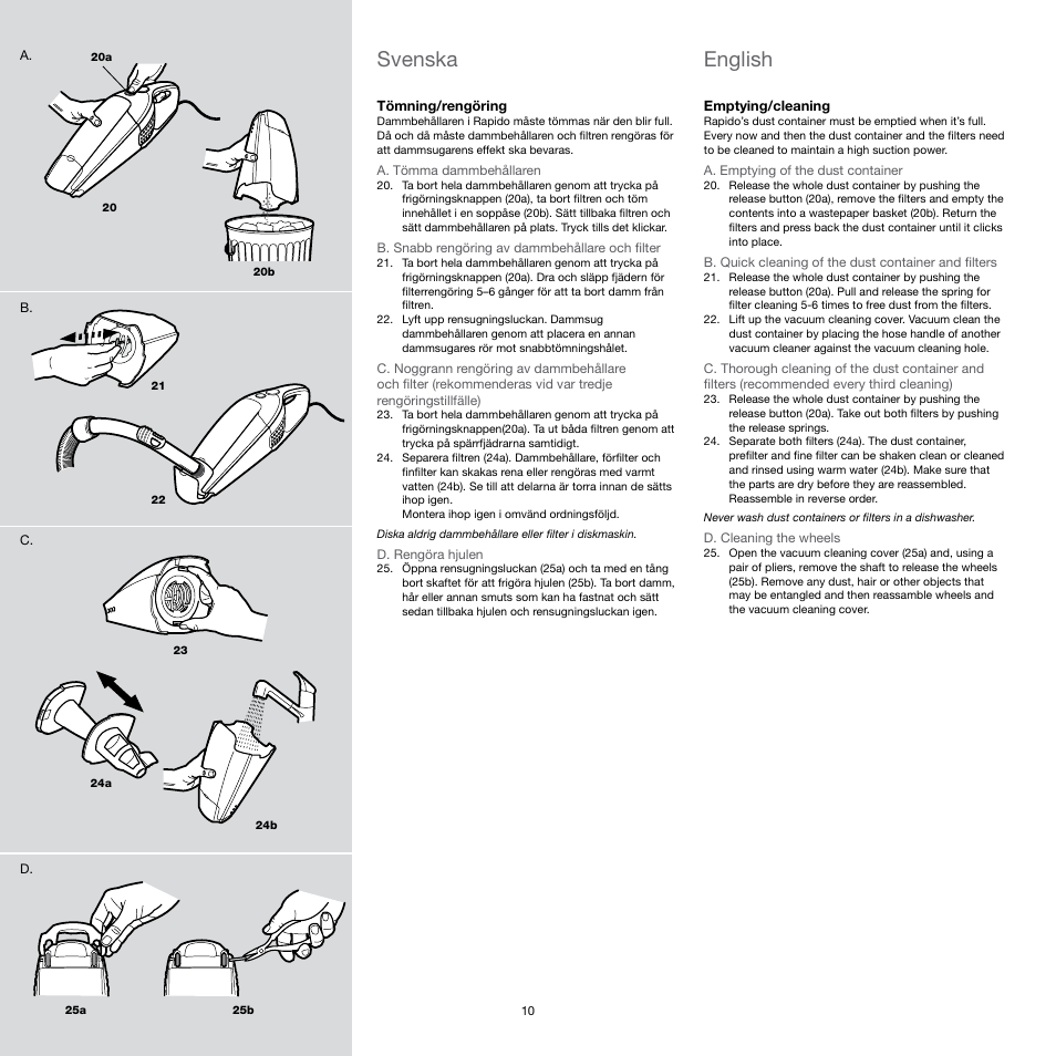 Svenska, English | Electrolux Rapido CarVac ZB412C-2 User Manual | Page 10 / 60