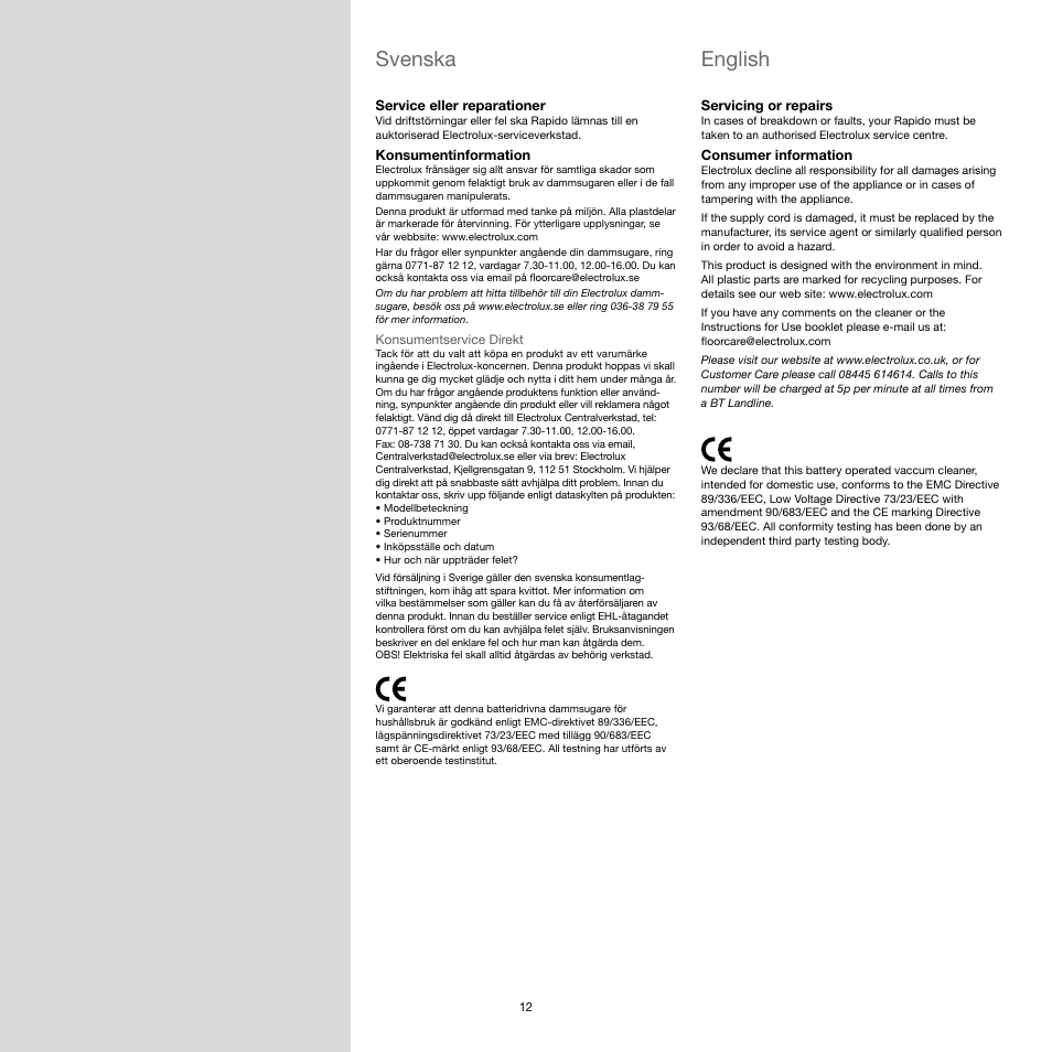 Svenska, English | Electrolux Rapido CarVac ZB412C-2 User Manual | Page 12 / 60