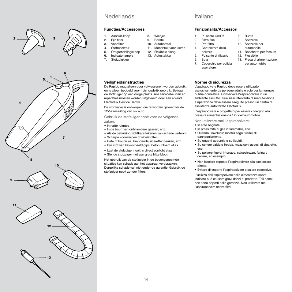 Italiano, Nederlands | Electrolux Rapido CarVac ZB412C-2 User Manual | Page 14 / 60